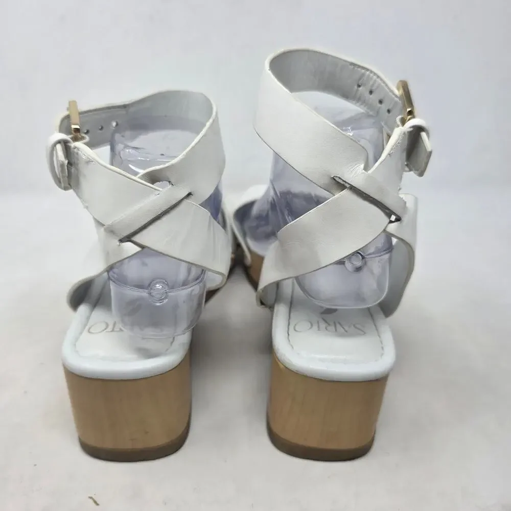SARTO White Leather Wedge Sandals Ankle Strap Studded Women’s Size 9M